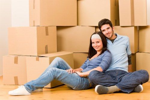 Packed boxes and furniture in a South Kensington flat move