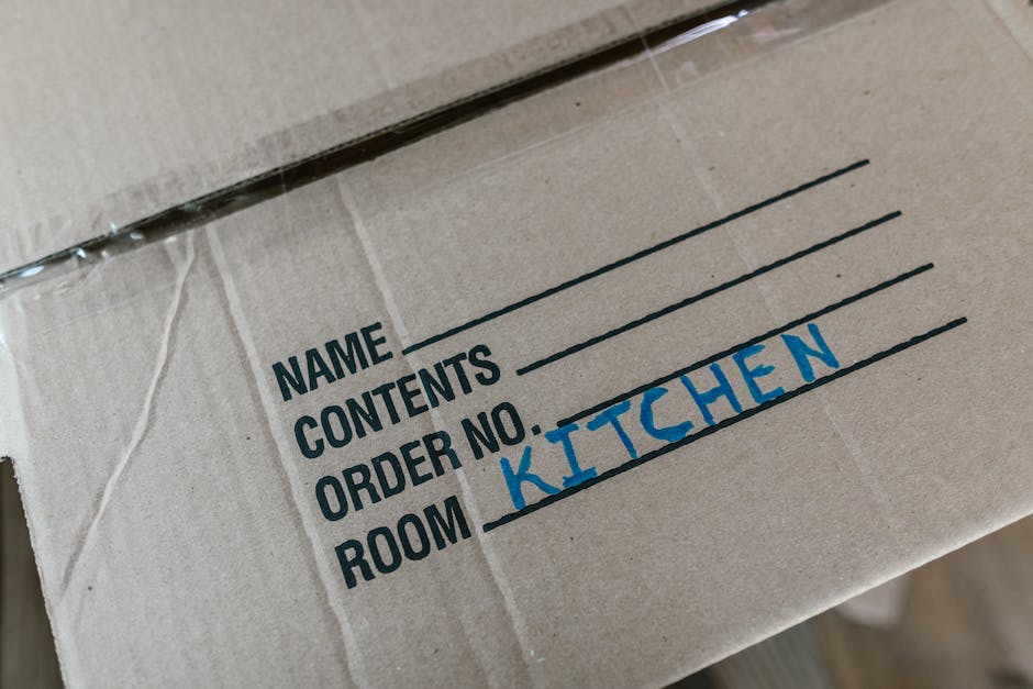 A young woman with curly black hair, wearing a white t-shirt, jeans, and white sneakers, sitting on a light wooden floor amid numerous cardboard boxes of varying sizes, some sealed with red or black tape and others open with packing materials visible. She is smiling and resting her arms on a closed box in front of her, surrounded by stacked boxes inside a room with a light blue textured wall. The scene illustrates a home relocation process with a focus on packing activities, supported by South Kensington Removals’ services, and depicts the logistics involved in furniture transport and the moving process.